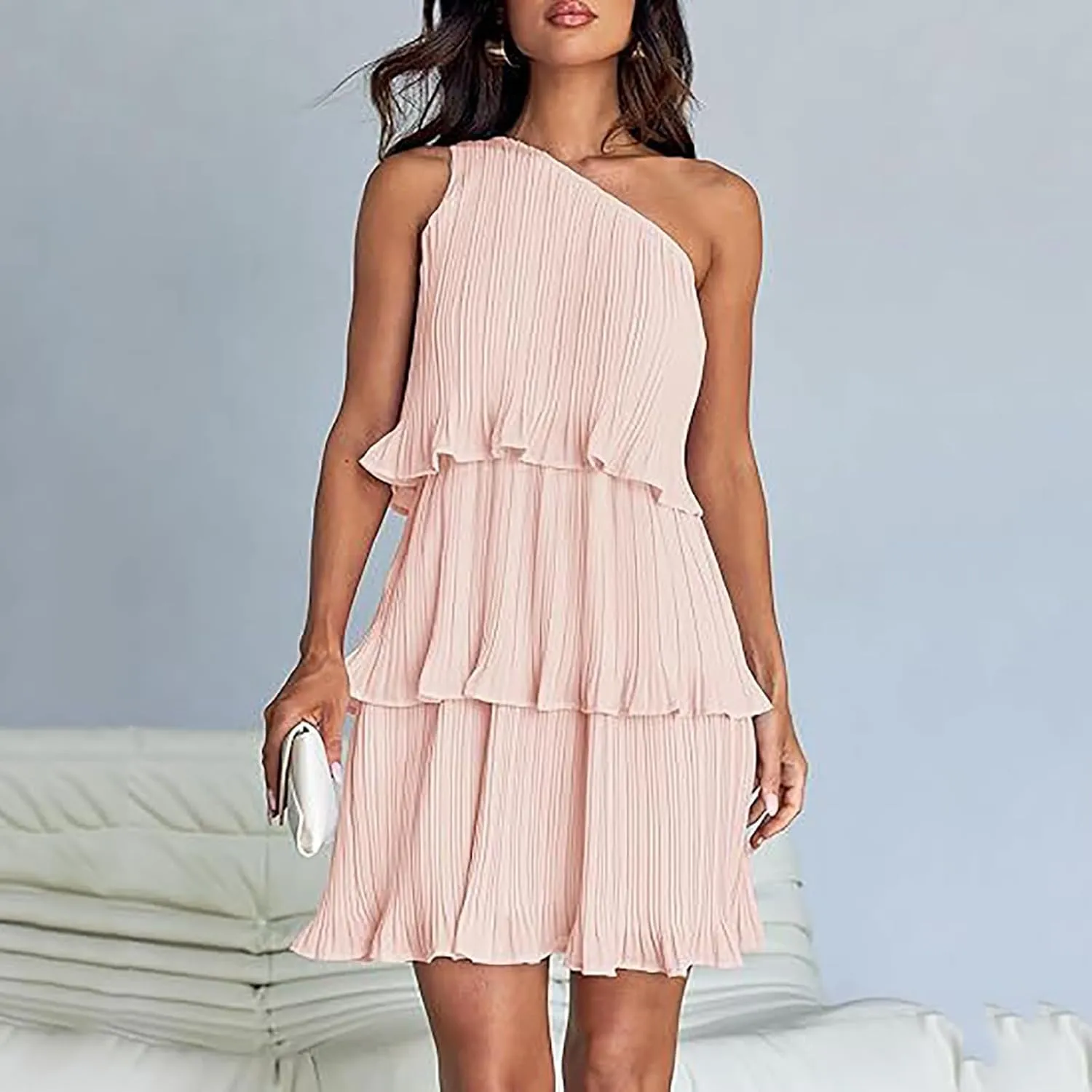 Akklian Mini Dresses for Women Summer Sleeveless Boho One Shoulder Ruffle Tiered Layered Chiffon Sundress Flowy A Line Dress