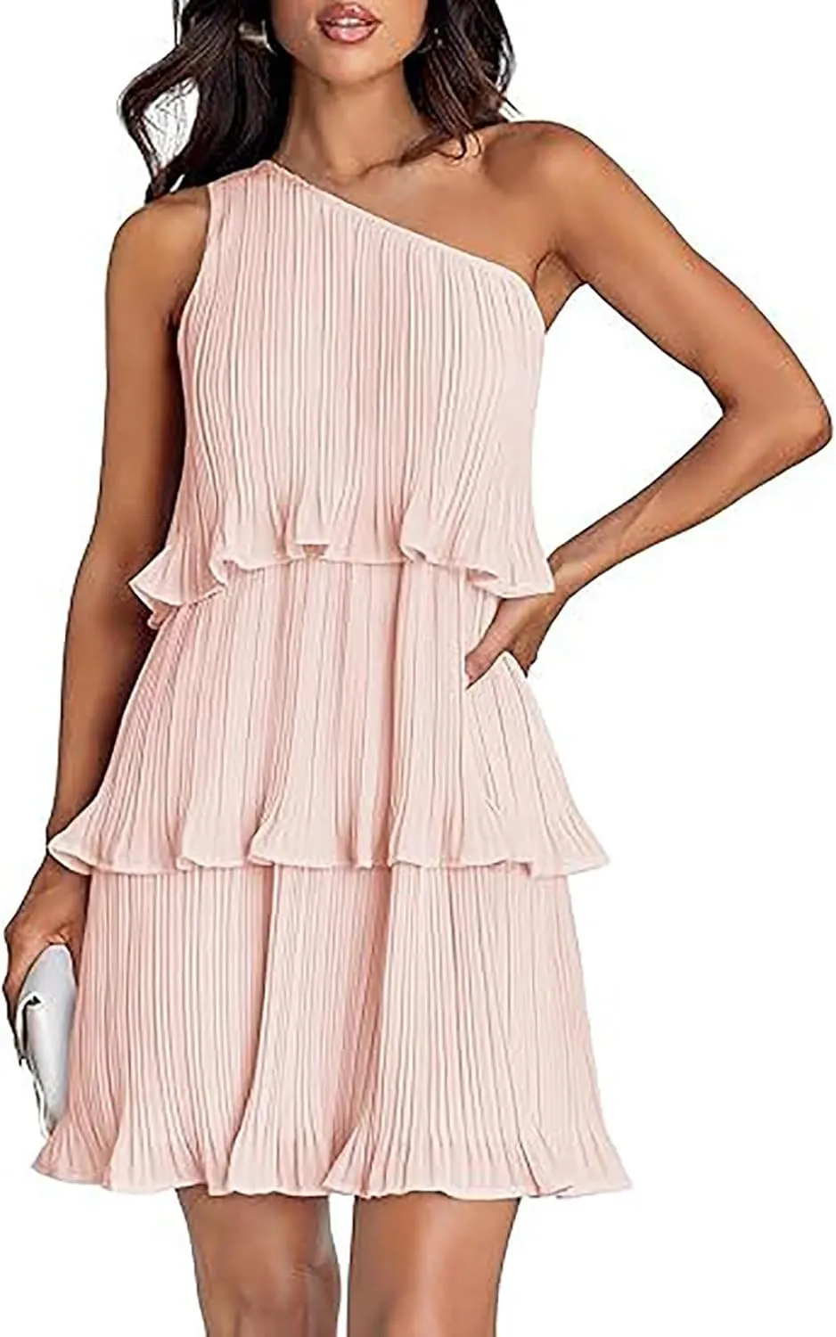 Akklian Mini Dresses for Women Summer Sleeveless Boho One Shoulder Ruffle Tiered Layered Chiffon Sundress Flowy A Line Dress