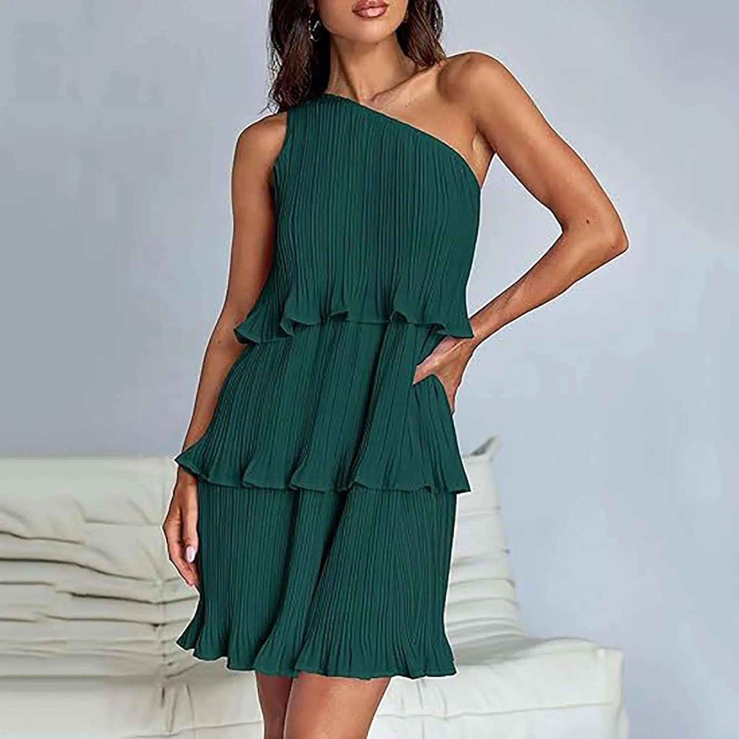 Akklian Mini Dresses for Women Summer Sleeveless Boho One Shoulder Ruffle Tiered Layered Chiffon Sundress Flowy A Line Dress