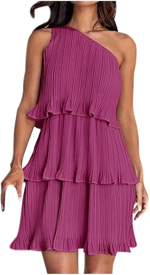 Akklian Mini Dresses for Women Summer Sleeveless Boho One Shoulder Ruffle Tiered Layered Chiffon Sundress Flowy A Line Dress
