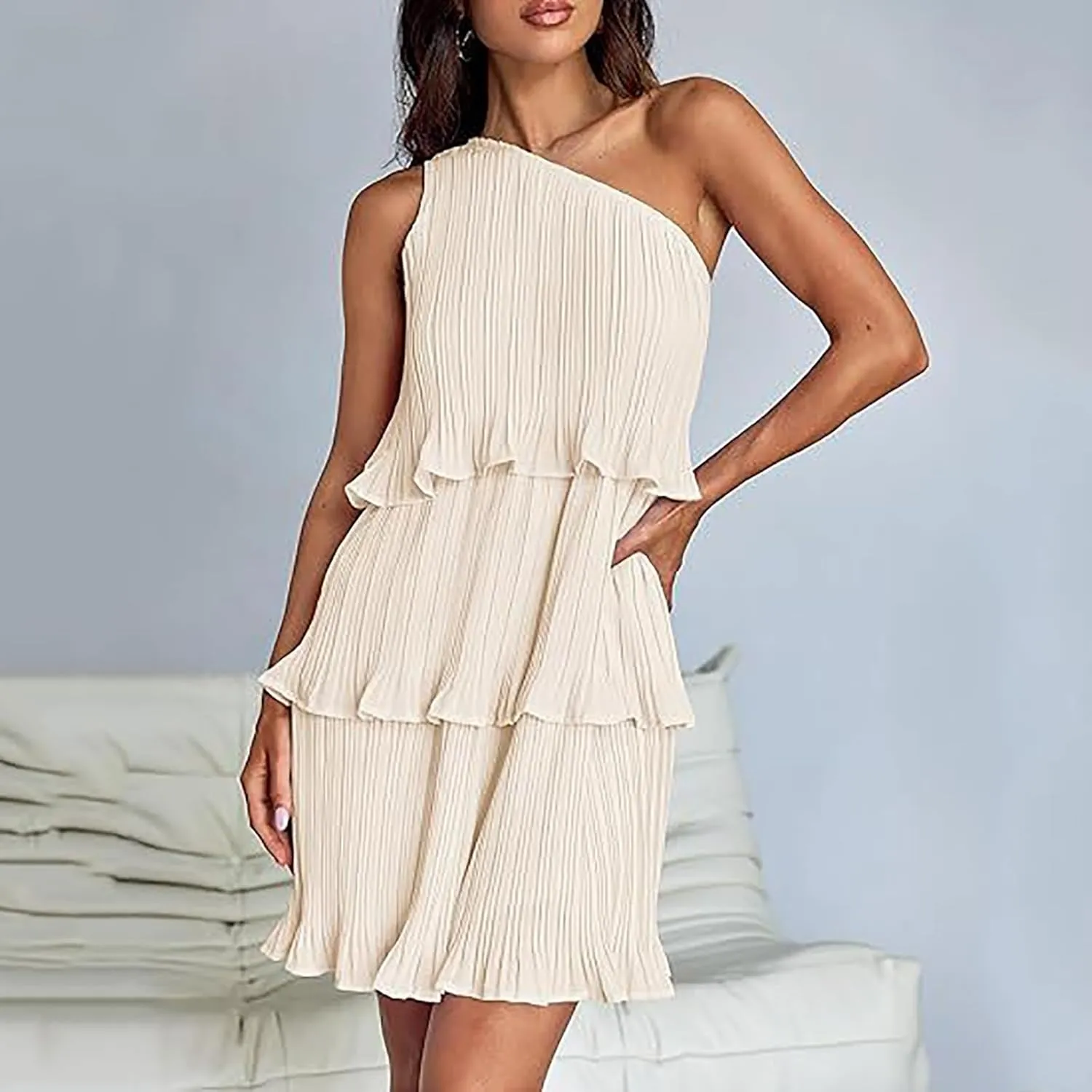 Akklian Mini Dresses for Women Summer Sleeveless Boho One Shoulder Ruffle Tiered Layered Chiffon Sundress Flowy A Line Dress
