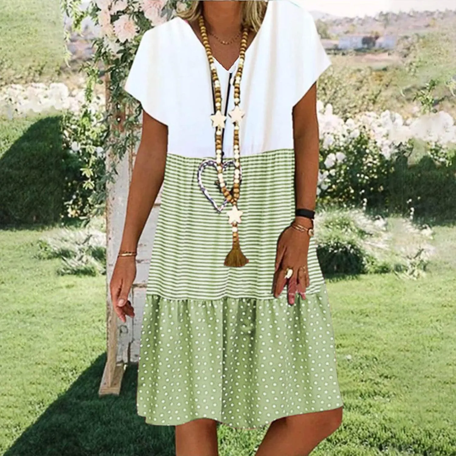Akklian Print Sun Dresses Summer Casual Loose Short Sleeve Midi Dress Tiered Flowy Beach Sundress Polka Dot Dress Plus Size