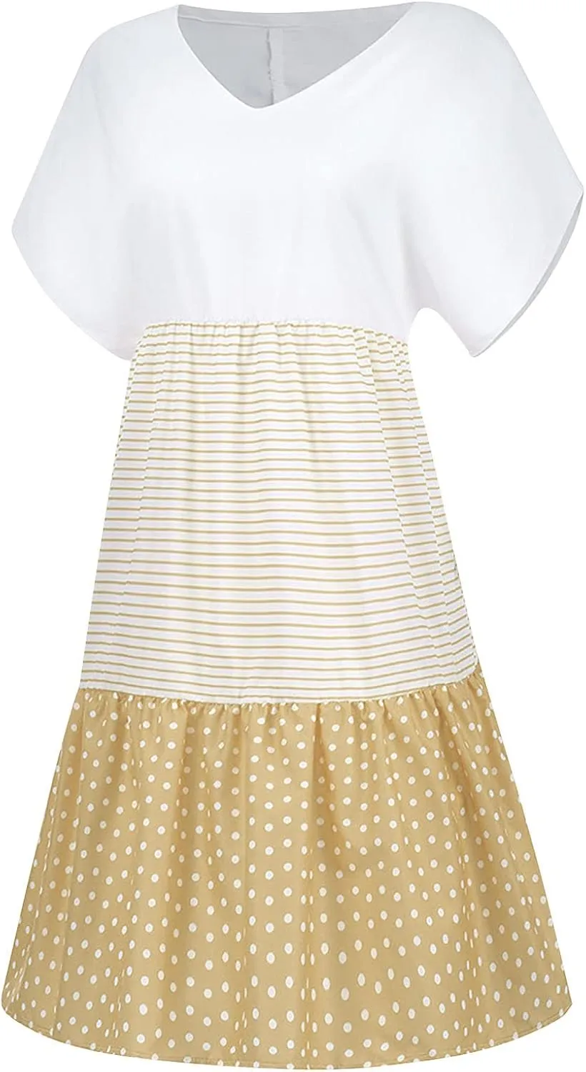 Akklian Print Sun Dresses Summer Casual Loose Short Sleeve Midi Dress Tiered Flowy Beach Sundress Polka Dot Dress Plus Size