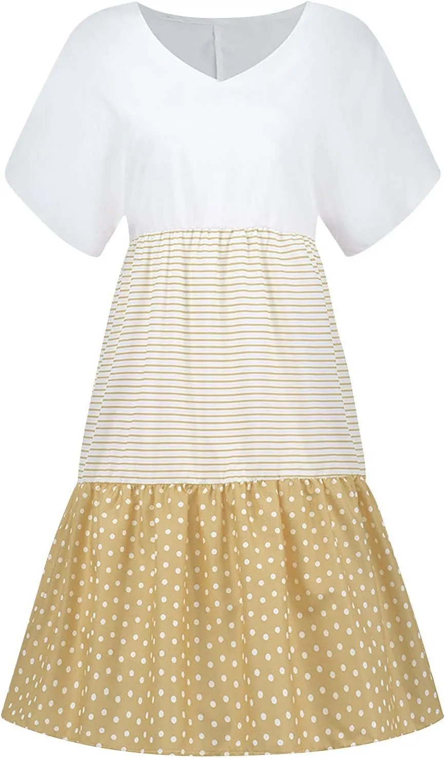 Akklian Print Sun Dresses Summer Casual Loose Short Sleeve Midi Dress Tiered Flowy Beach Sundress Polka Dot Dress Plus Size