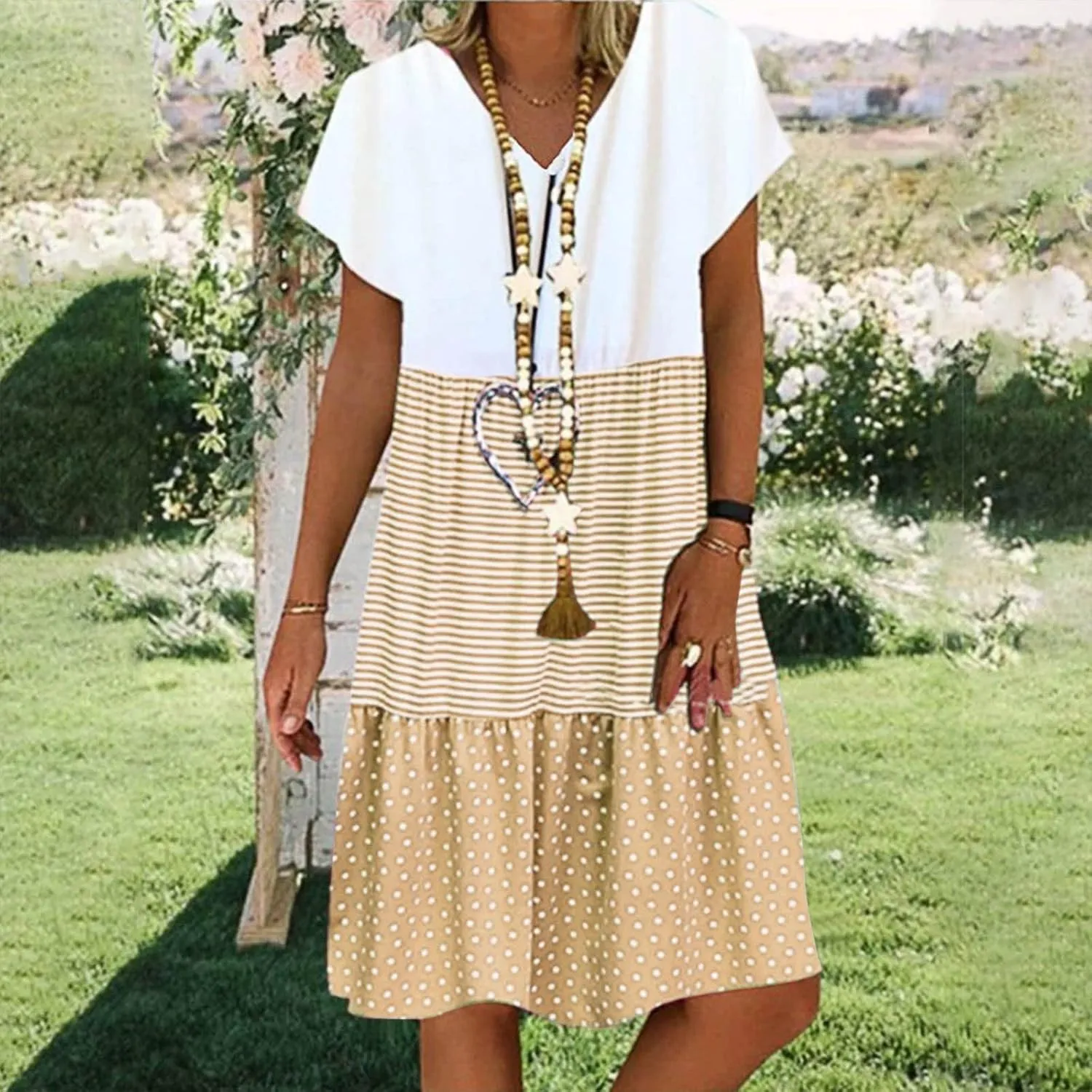 Akklian Print Sun Dresses Summer Casual Loose Short Sleeve Midi Dress Tiered Flowy Beach Sundress Polka Dot Dress Plus Size