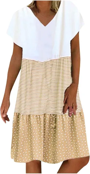 Akklian Print Sun Dresses Summer Casual Loose Short Sleeve Midi Dress Tiered Flowy Beach Sundress Polka Dot Dress Plus Size