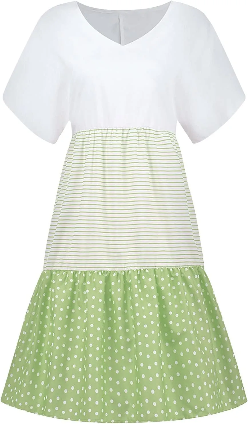Akklian Print Sun Dresses Summer Casual Loose Short Sleeve Midi Dress Tiered Flowy Beach Sundress Polka Dot Dress Plus Size