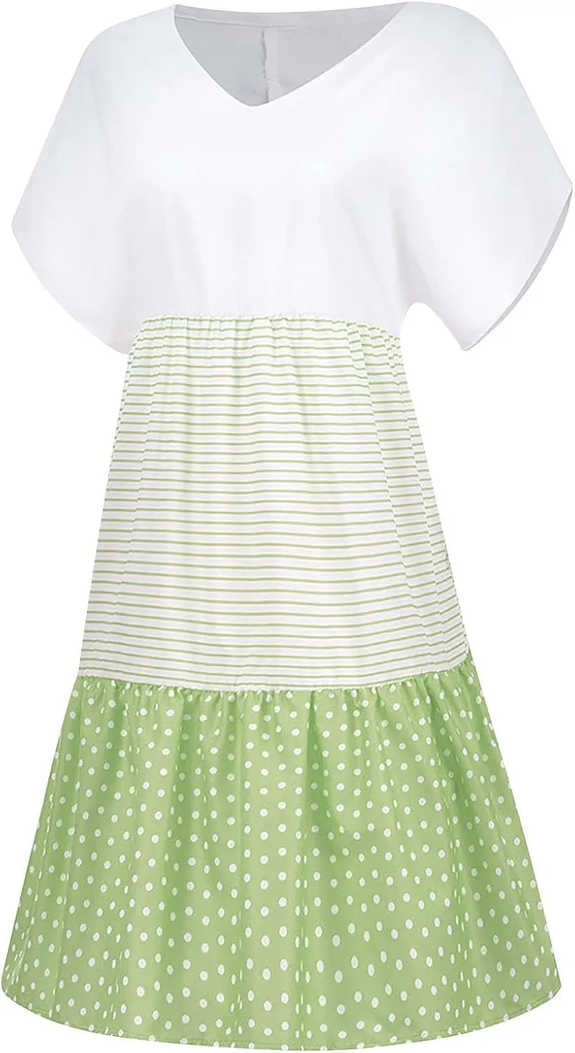 Akklian Print Sun Dresses Summer Casual Loose Short Sleeve Midi Dress Tiered Flowy Beach Sundress Polka Dot Dress Plus Size