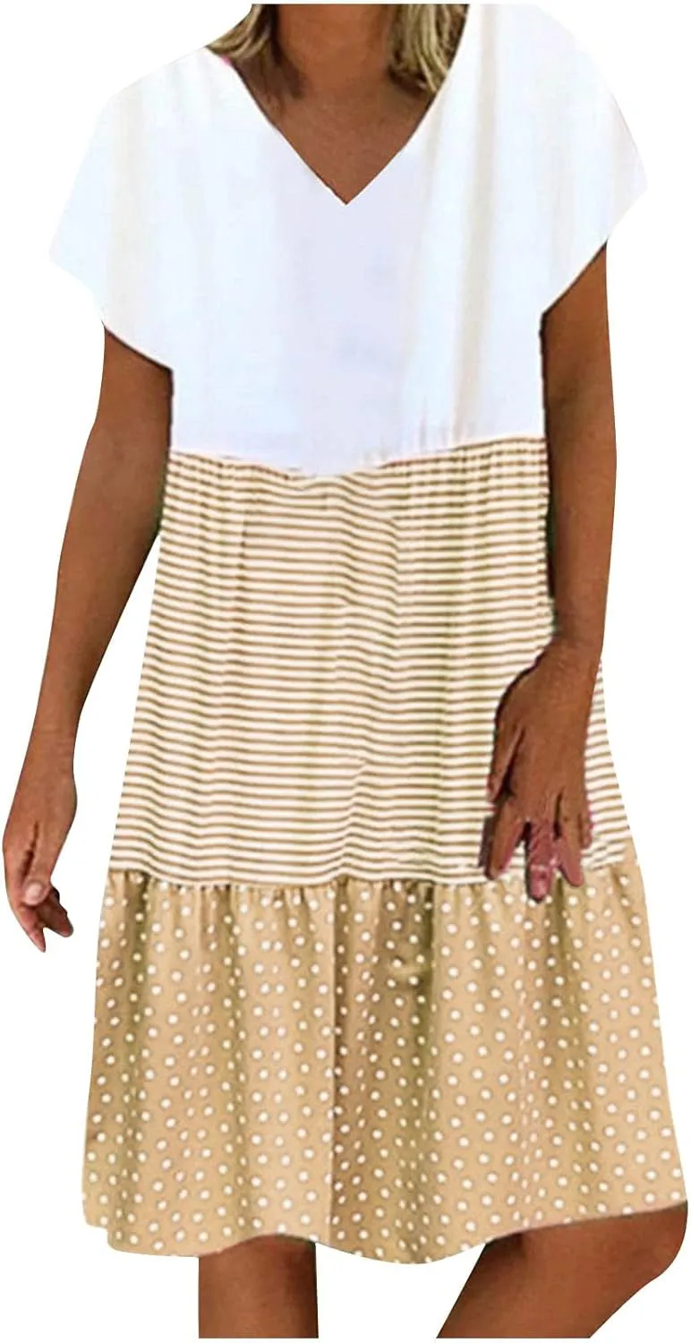 Akklian Print Sun Dresses Summer Casual Loose Short Sleeve Midi Dress Tiered Flowy Beach Sundress Polka Dot Dress Plus Size