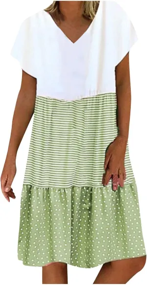 Akklian Print Sun Dresses Summer Casual Loose Short Sleeve Midi Dress Tiered Flowy Beach Sundress Polka Dot Dress Plus Size