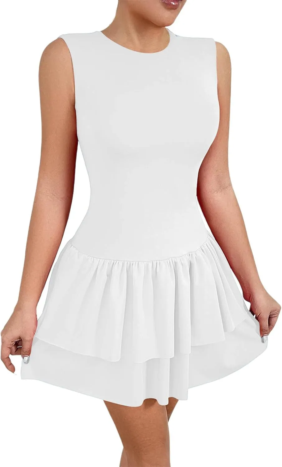 Akklian Women's Summer Sleeveless Crewneck Mini Tennis Dress Tiered Ruffle Hem Slim Fit Bodycon Party Dresses 2025 Fashion