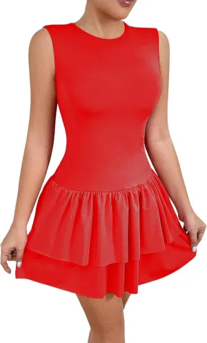 Akklian Women's Summer Sleeveless Crewneck Mini Tennis Dress Tiered Ruffle Hem Slim Fit Bodycon Party Dresses 2025 Fashion
