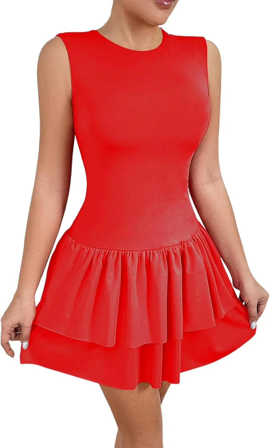Akklian Women's Summer Sleeveless Crewneck Mini Tennis Dress Tiered Ruffle Hem Slim Fit Bodycon Party Dresses 2025 Fashion