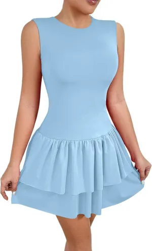 Akklian Women's Summer Sleeveless Crewneck Mini Tennis Dress Tiered Ruffle Hem Slim Fit Bodycon Party Dresses 2025 Fashion