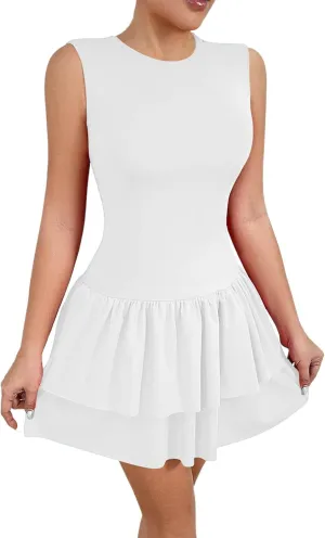 Akklian Women's Summer Sleeveless Crewneck Mini Tennis Dress Tiered Ruffle Hem Slim Fit Bodycon Party Dresses 2025 Fashion