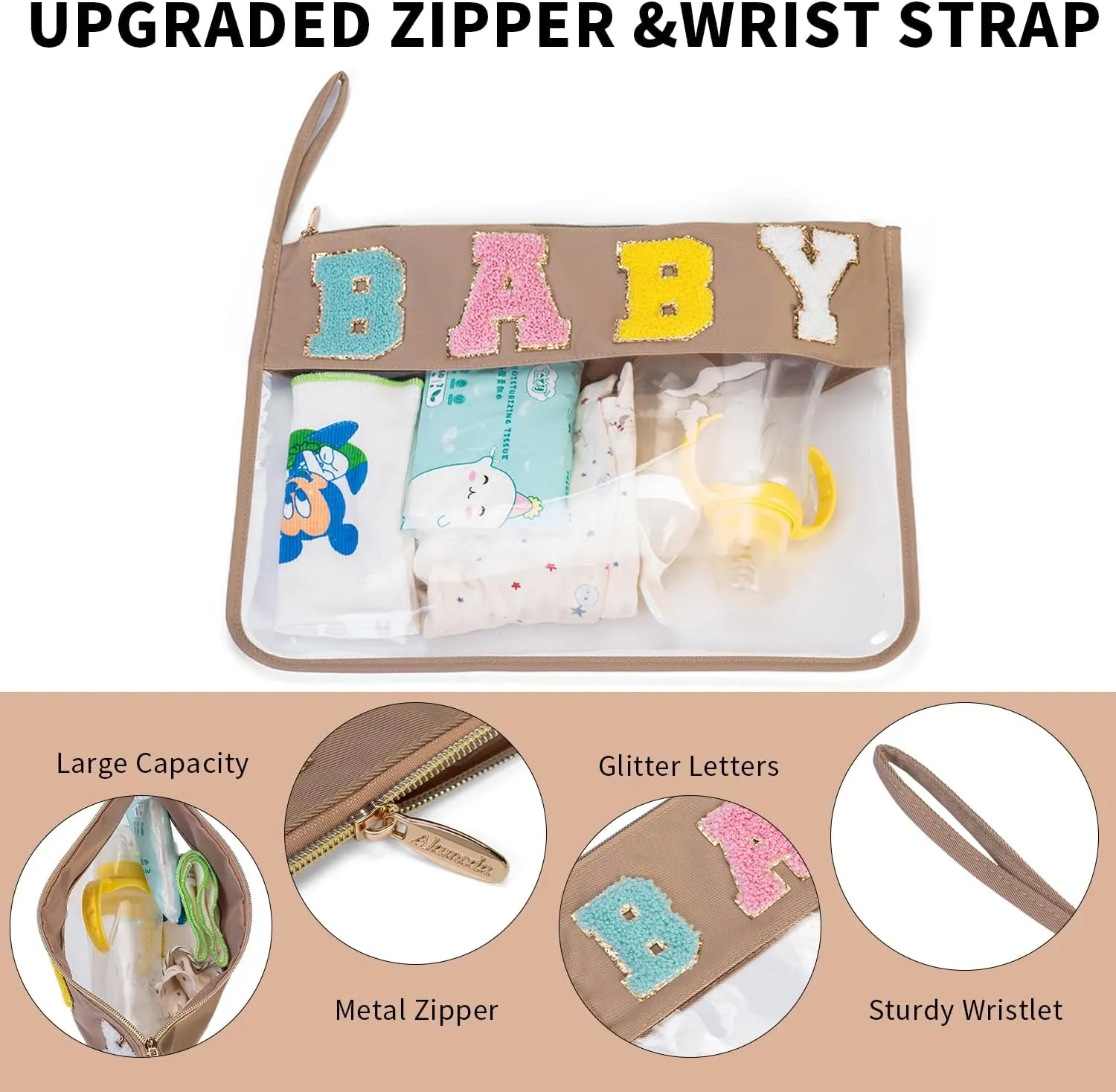 Alameda Chenille Letter Travel Makeup Organizer for ToiletriesSnackMulti-Purpose Toiletry Bags for Women Girls Carry OnClear Bag Stadium ApprovedPersonal Item Clear Tote (Large-Baby)