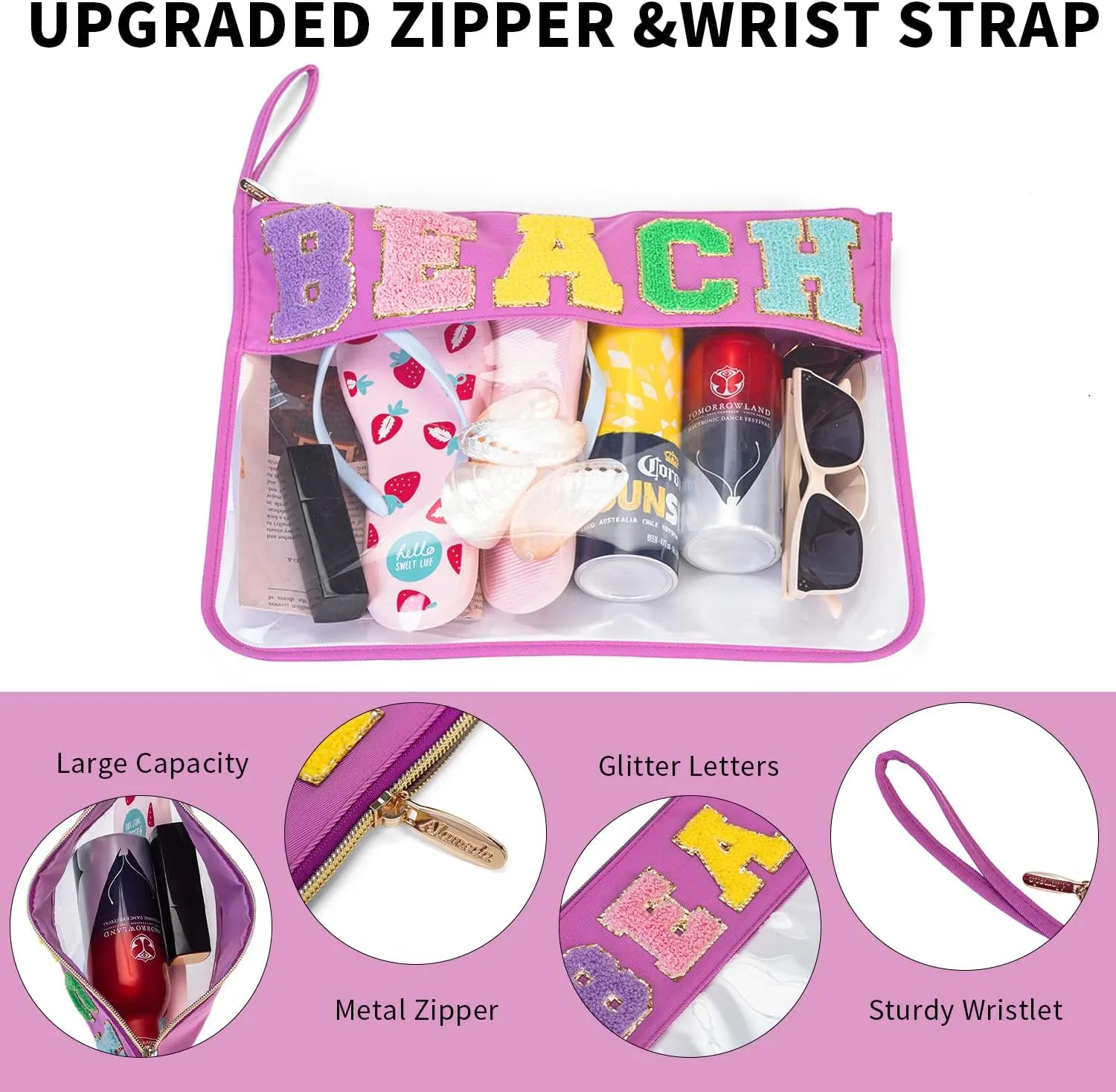 Alameda Chenille Letter Travel Makeup Organizer for ToiletriesSnackMulti-Purpose Toiletry Bags for Women Girls Carry OnClear Bag Stadium ApprovedPersonal Item Clear Tote (Small-Beach)