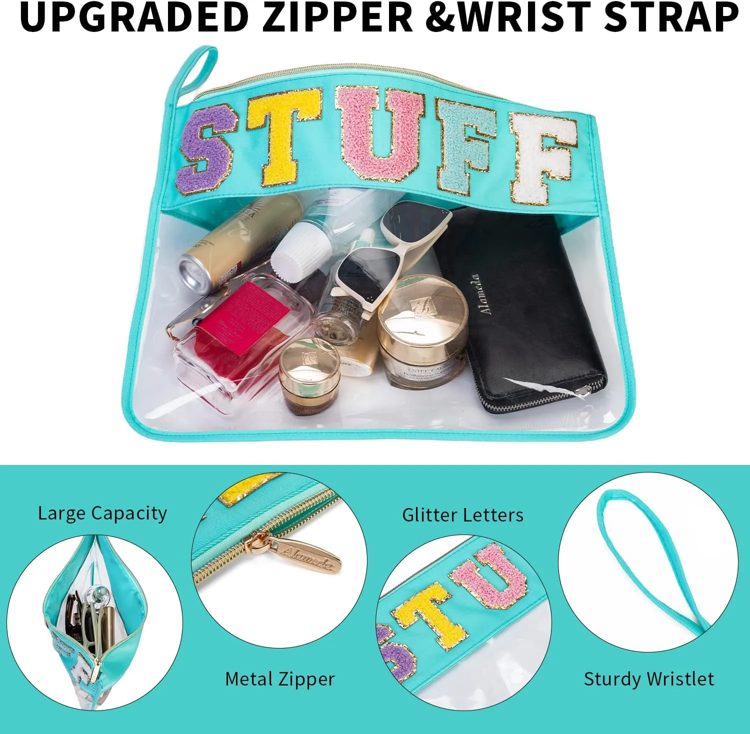 Alameda Chenille Letter Travel Makeup Organizer for ToiletriesSnackMulti-Purpose Toiletry Bags for Women Girls Carry OnClear Bag Stadium ApprovedPersonal Item Clear Tote (Small-Stuff)