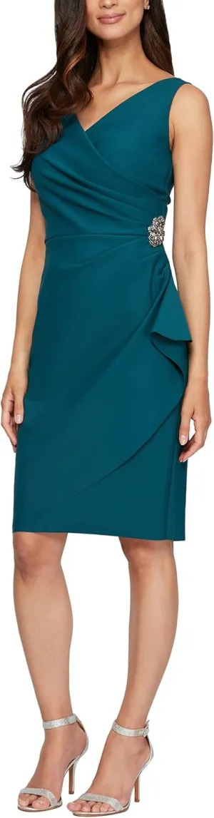 Alex Evenings Women's Slimming Short Ruched Dress with Ruffle (Petite and Regular)