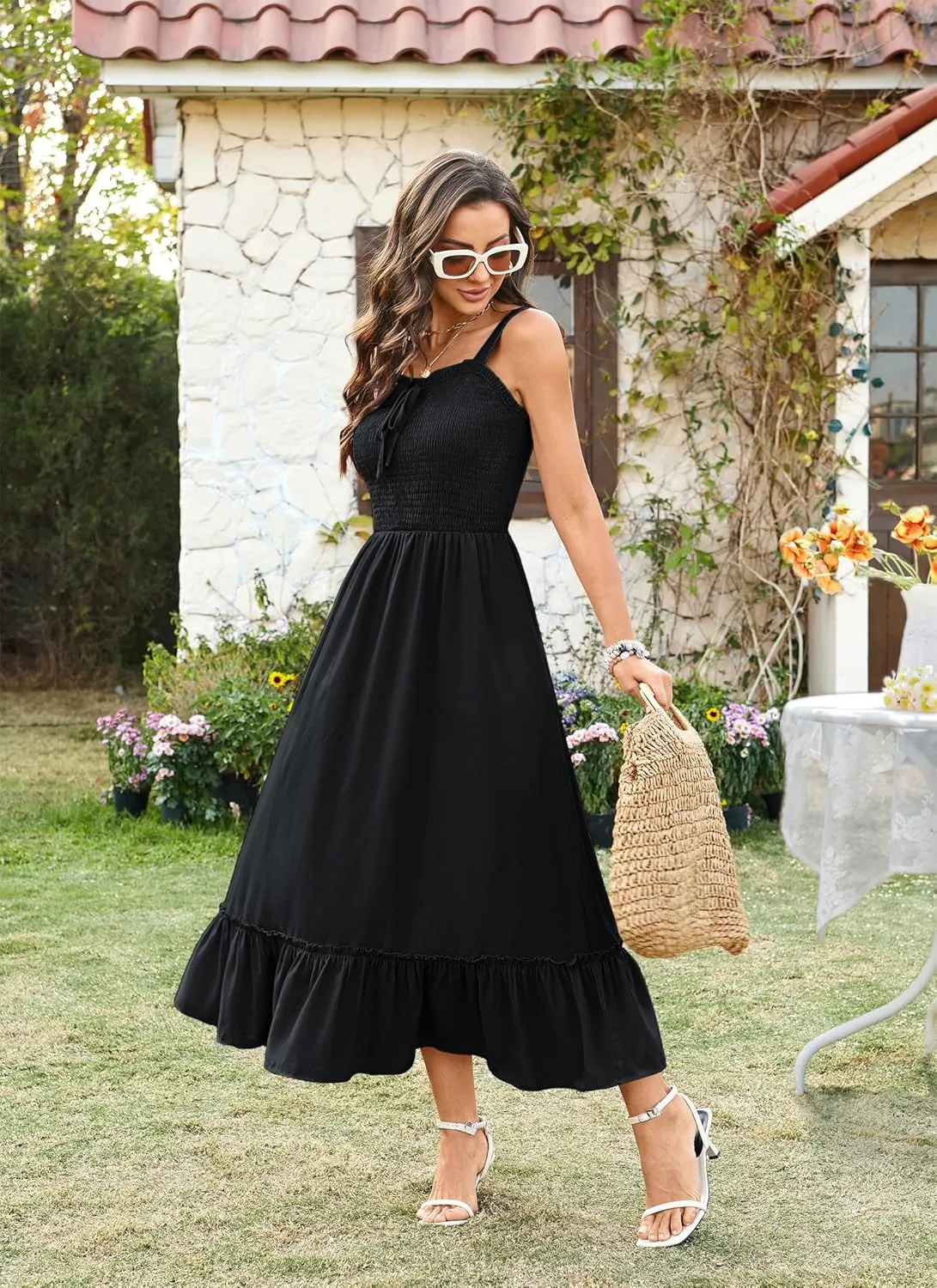 Arolina Women's Summer Floral Boho Dress 2025 Square Neck Maxi Dresses Solid Color Ruffle Beach Vacation Long Sundress