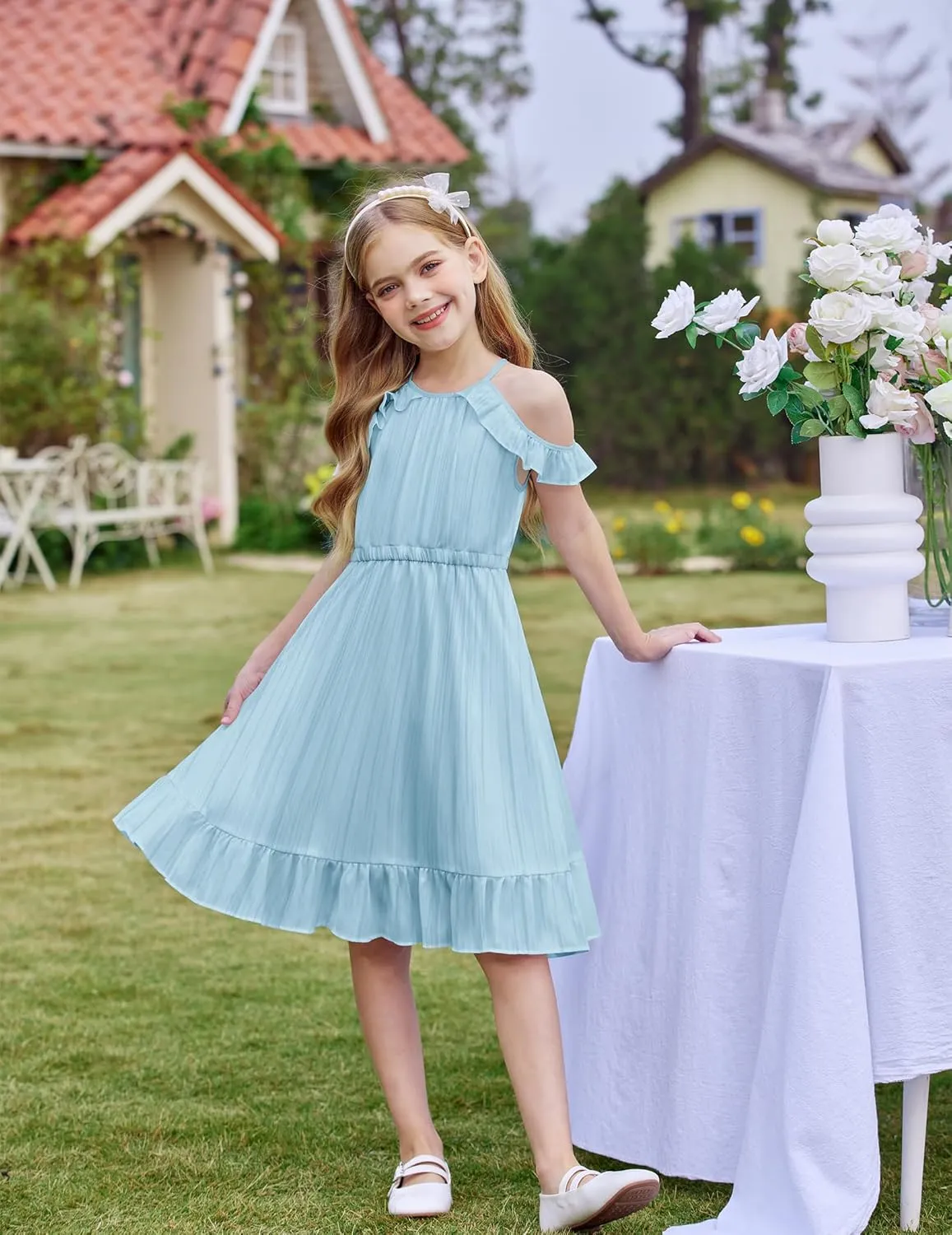Arshiner Girls Dress Halter Neck Ruffle Sleeveless Formal Party Casual Summer Sundress for 5-14 Years