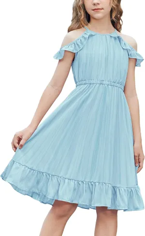 Arshiner Girls Dress Halter Neck Ruffle Sleeveless Formal Party Casual Summer Sundress for 5-14 Years