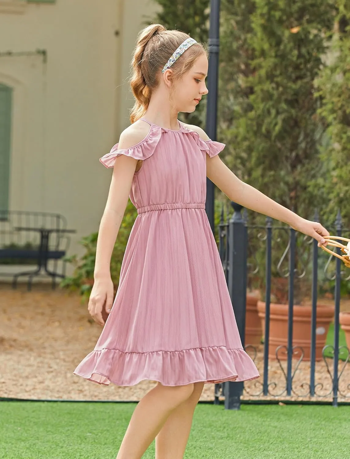 Arshiner Girls Dress Halter Neck Ruffle Sleeveless Formal Party Casual Summer Sundress for 5-14 Years