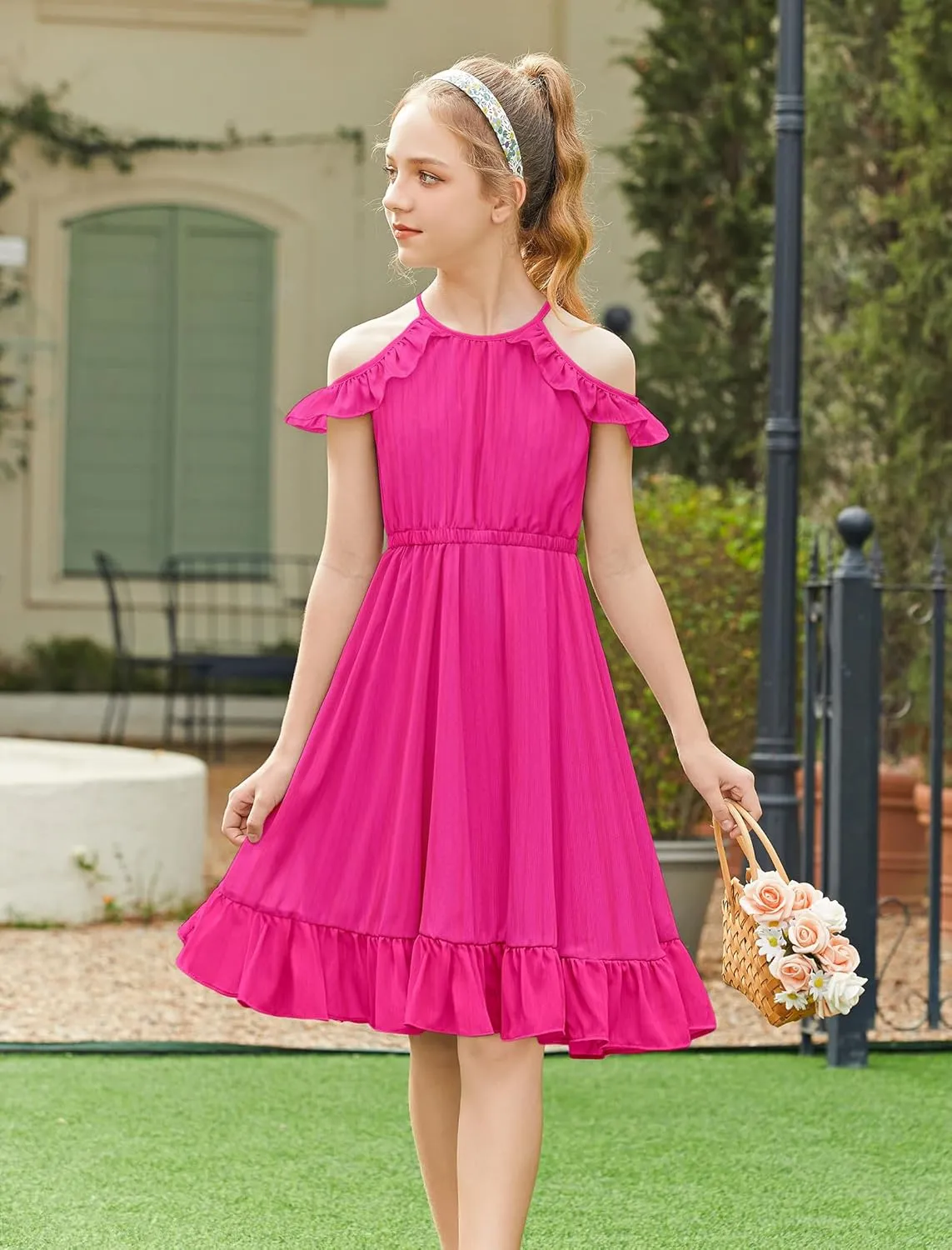 Arshiner Girls Dress Halter Neck Ruffle Sleeveless Formal Party Casual Summer Sundress for 5-14 Years