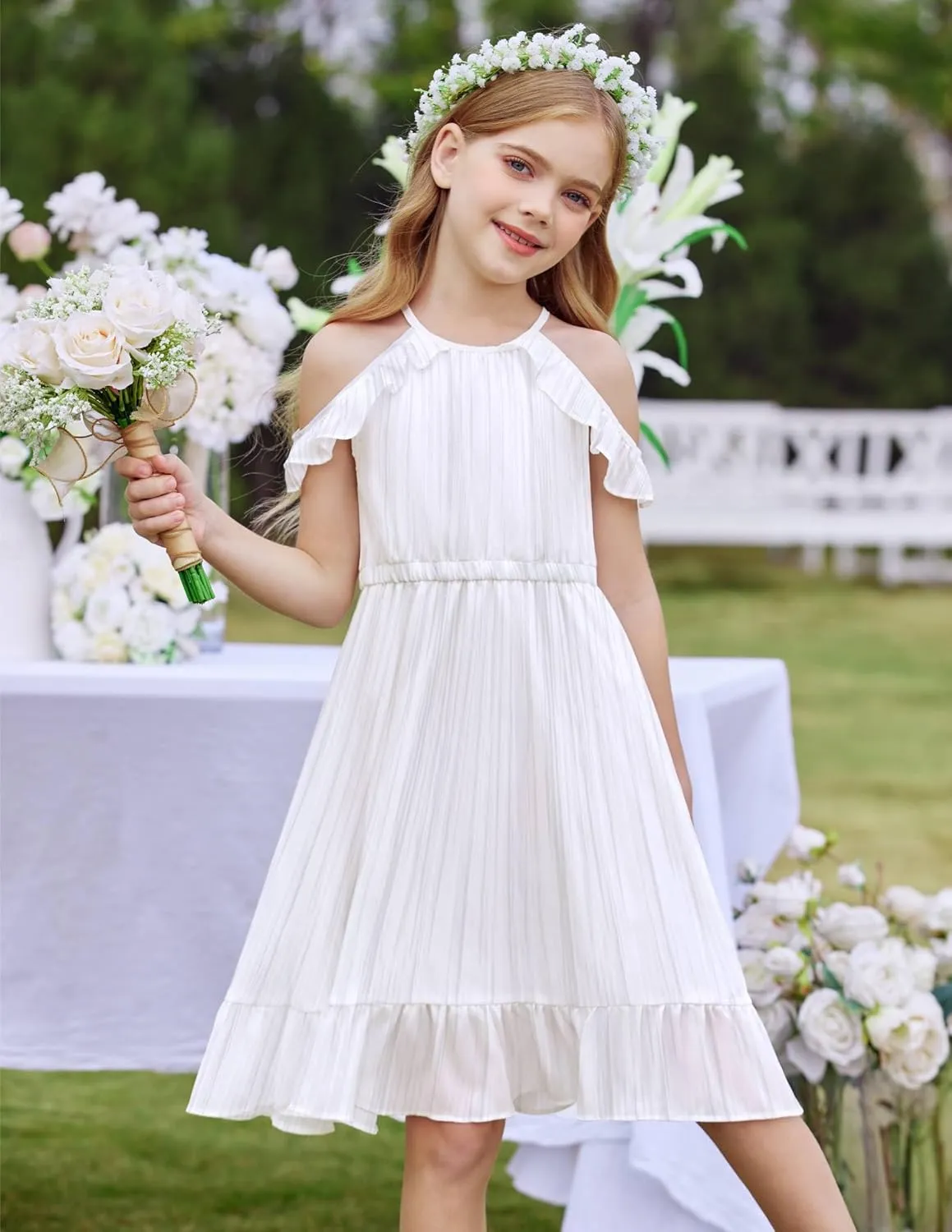 Arshiner Girls Dress Halter Neck Ruffle Sleeveless Formal Party Casual Summer Sundress for 5-14 Years