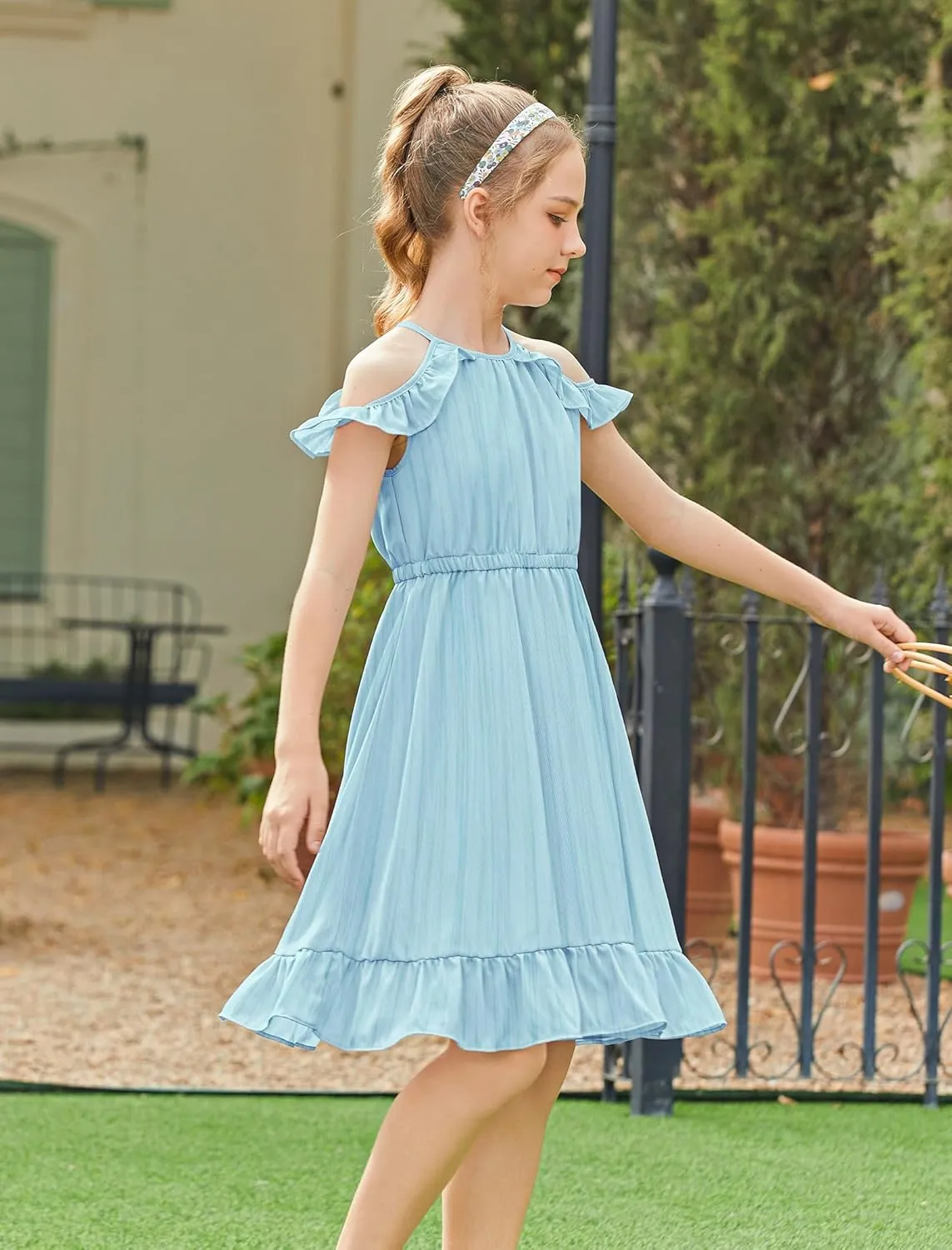 Arshiner Girls Dress Halter Neck Ruffle Sleeveless Formal Party Casual Summer Sundress for 5-14 Years