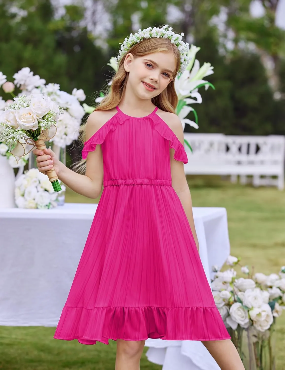 Arshiner Girls Dress Halter Neck Ruffle Sleeveless Formal Party Casual Summer Sundress for 5-14 Years