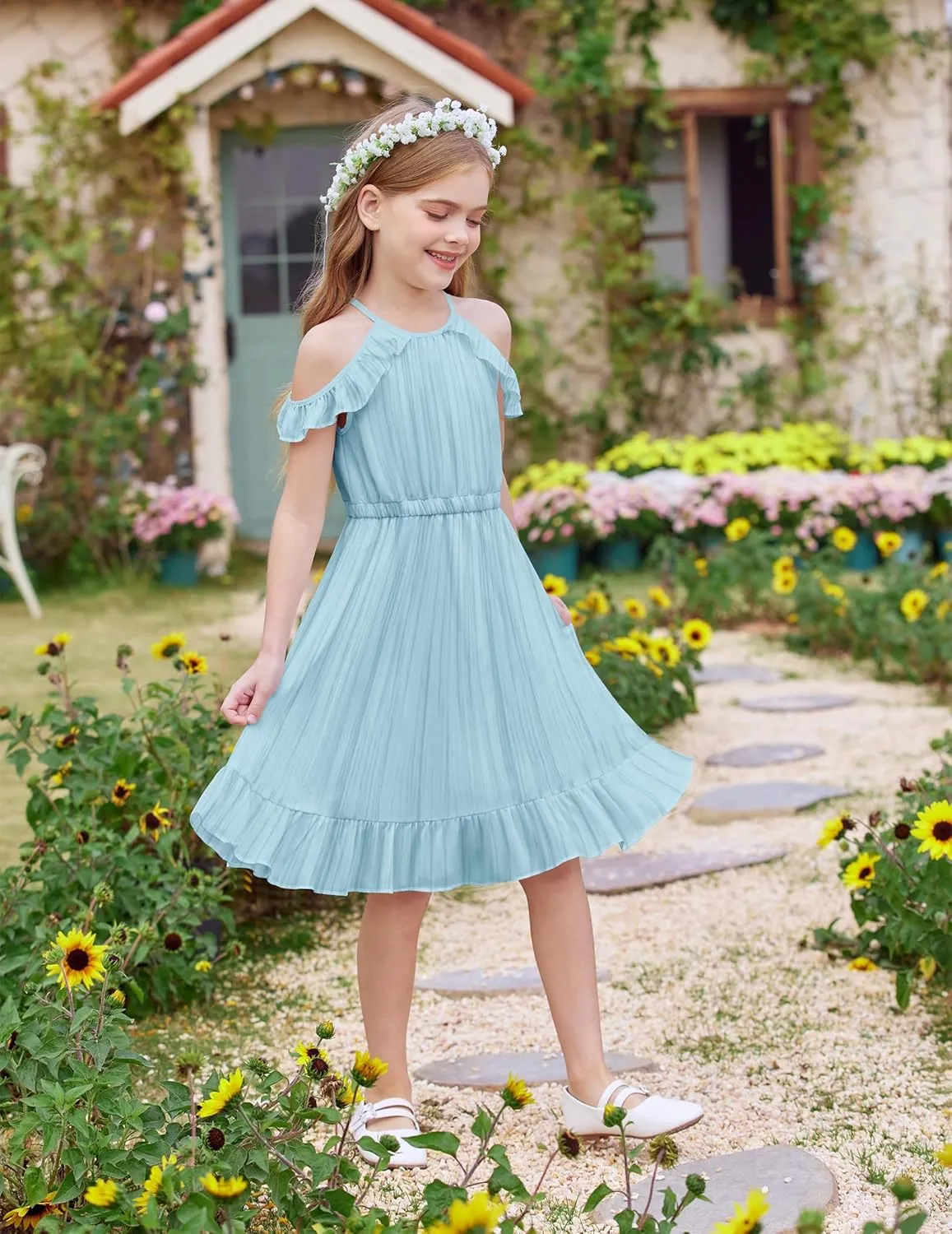 Arshiner Girls Dress Halter Neck Ruffle Sleeveless Formal Party Casual Summer Sundress for 5-14 Years