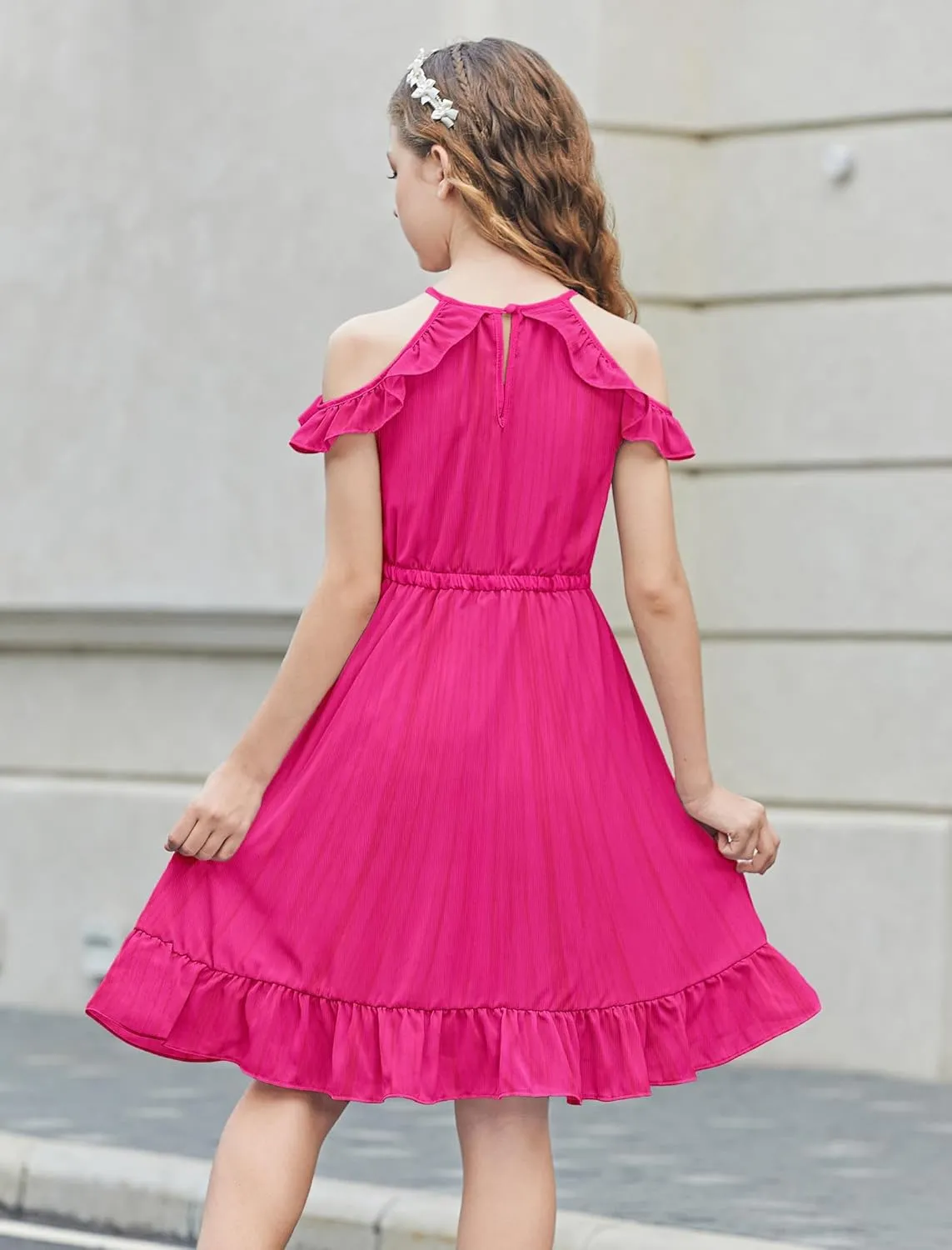 Arshiner Girls Dress Halter Neck Ruffle Sleeveless Formal Party Casual Summer Sundress for 5-14 Years