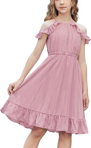 Arshiner Girls Dress Halter Neck Ruffle Sleeveless Formal Party Casual Summer Sundress for 5-14 Years