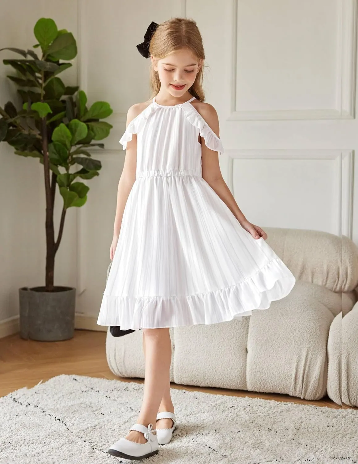 Arshiner Girls Dress Halter Neck Ruffle Sleeveless Formal Party Casual Summer Sundress for 5-14 Years
