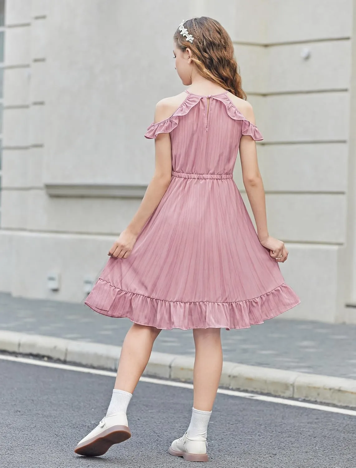 Arshiner Girls Dress Halter Neck Ruffle Sleeveless Formal Party Casual Summer Sundress for 5-14 Years