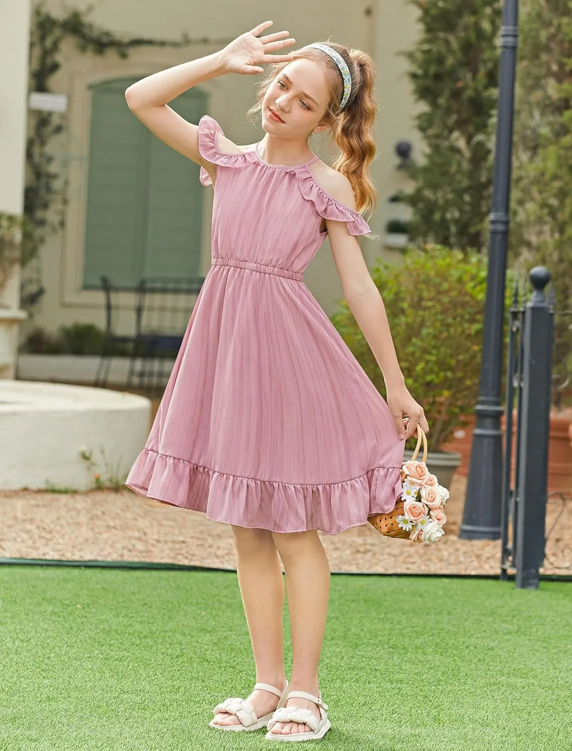 Arshiner Girls Dress Halter Neck Ruffle Sleeveless Formal Party Casual Summer Sundress for 5-14 Years