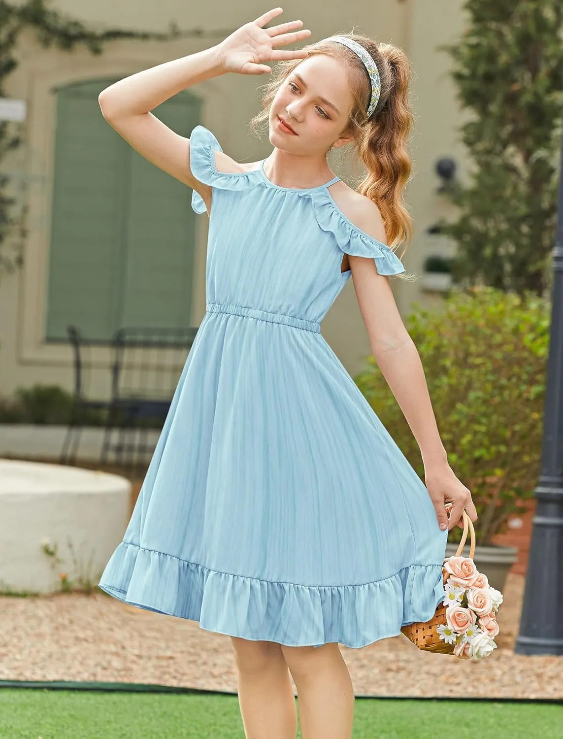 Arshiner Girls Dress Halter Neck Ruffle Sleeveless Formal Party Casual Summer Sundress for 5-14 Years
