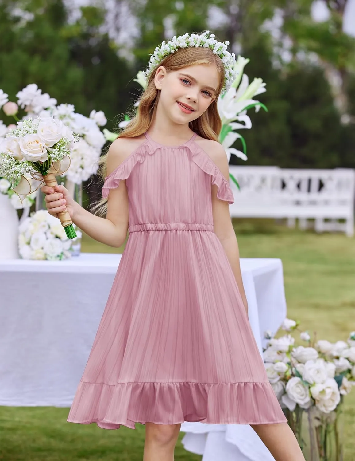 Arshiner Girls Dress Halter Neck Ruffle Sleeveless Formal Party Casual Summer Sundress for 5-14 Years