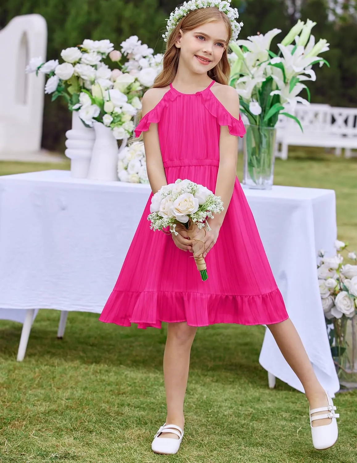 Arshiner Girls Dress Halter Neck Ruffle Sleeveless Formal Party Casual Summer Sundress for 5-14 Years