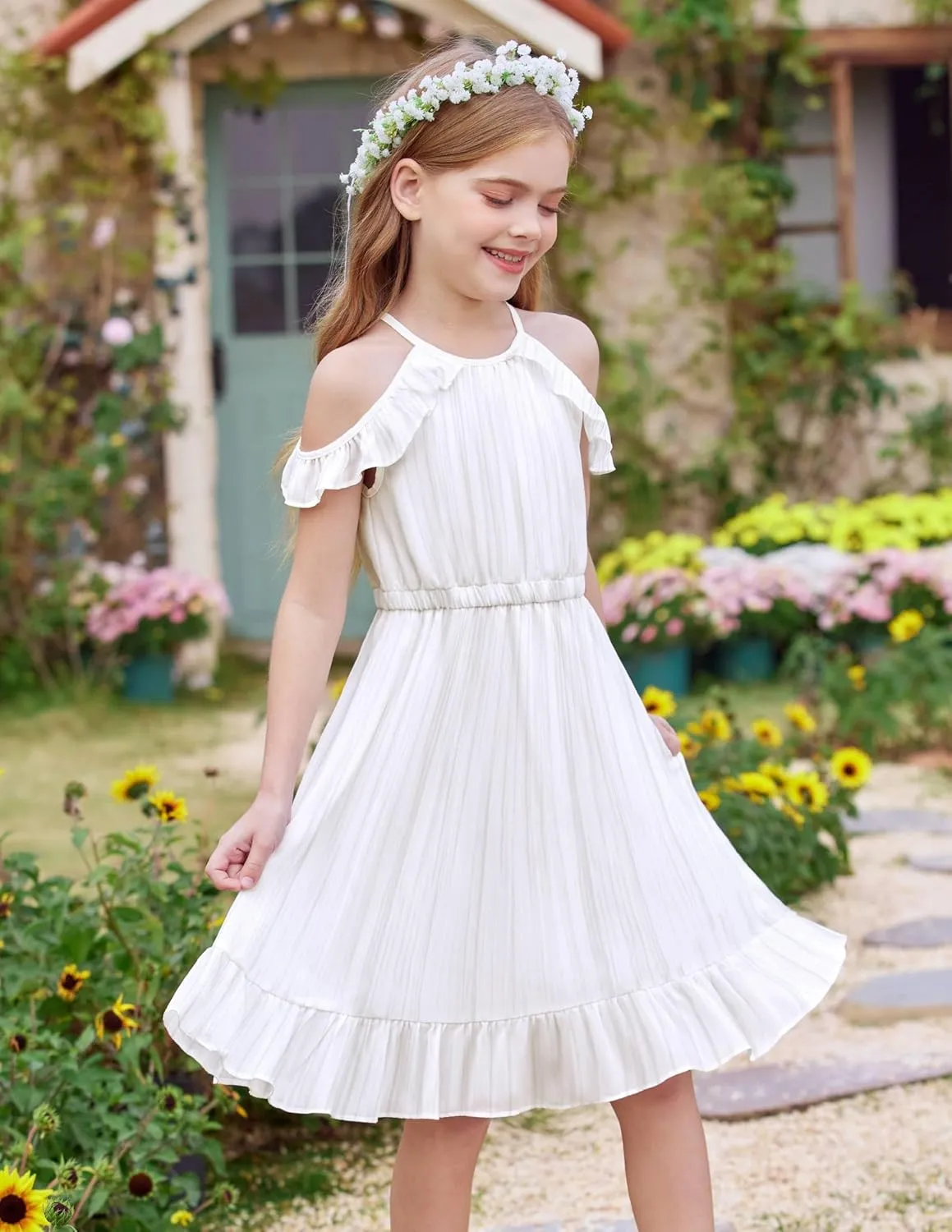 Arshiner Girls Dress Halter Neck Ruffle Sleeveless Formal Party Casual Summer Sundress for 5-14 Years