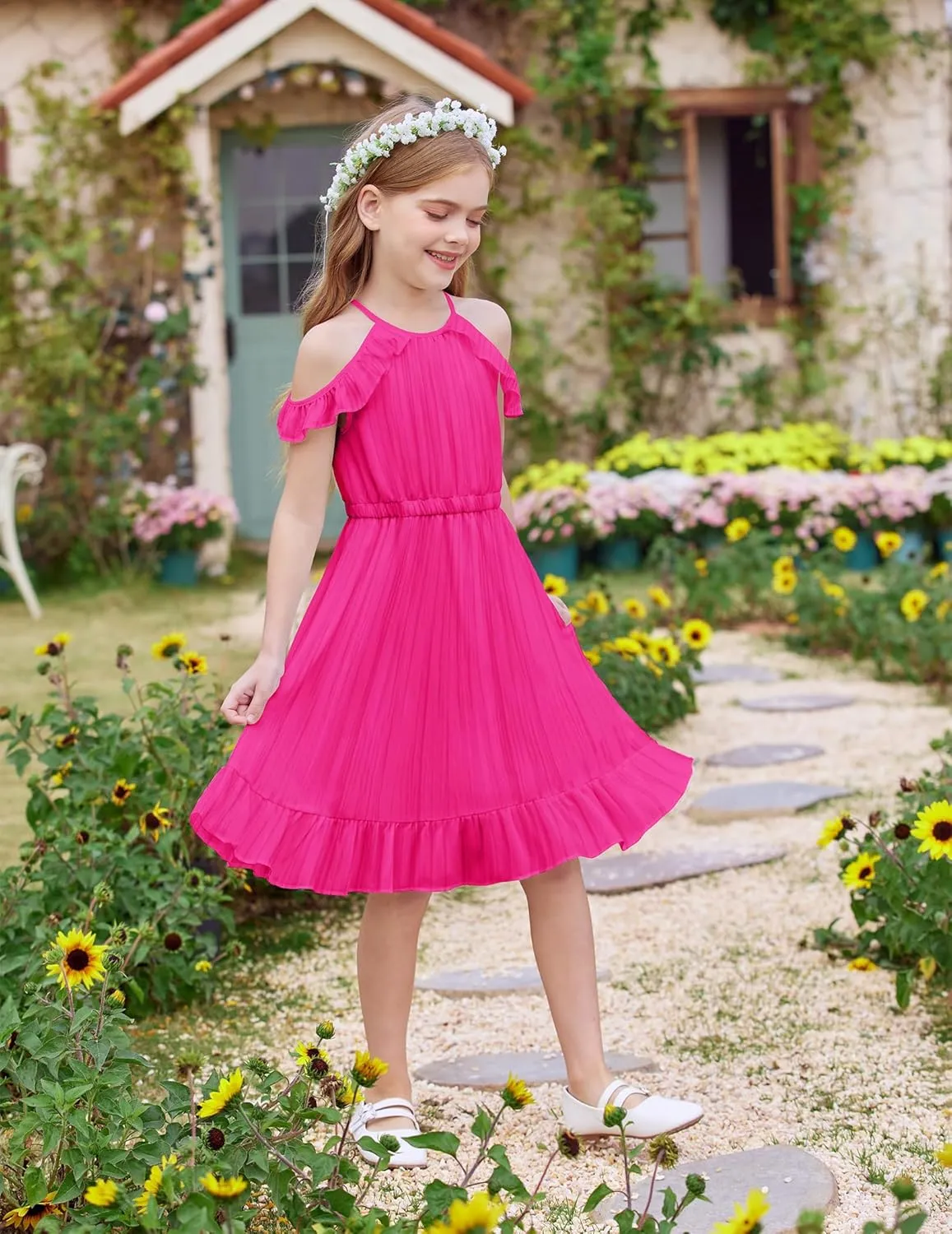 Arshiner Girls Dress Halter Neck Ruffle Sleeveless Formal Party Casual Summer Sundress for 5-14 Years