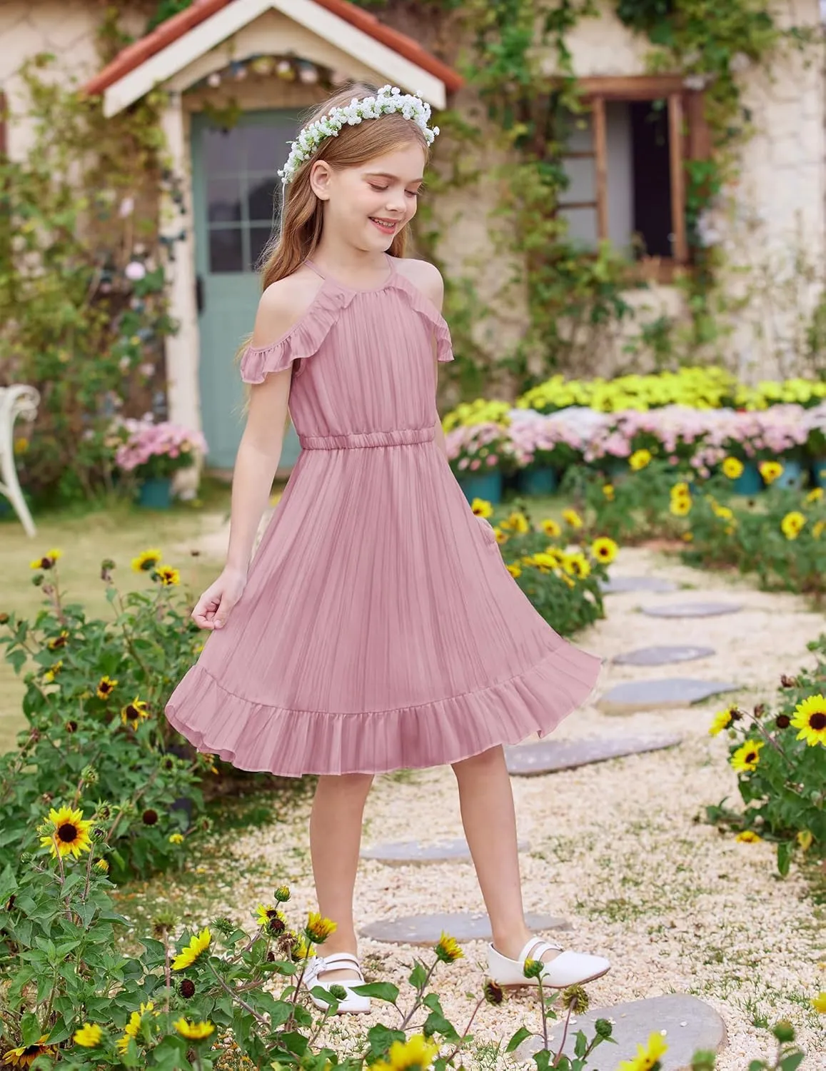 Arshiner Girls Dress Halter Neck Ruffle Sleeveless Formal Party Casual Summer Sundress for 5-14 Years