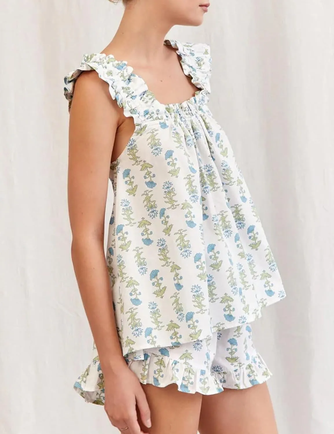Arssm Womens Floral Pajama Set 2 Piece Loungewear Ruffle Hem Tank Top Vest Shorts Pjs Set Sleeveless Cami Loung Set