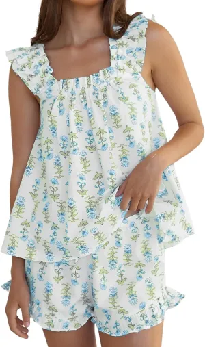 Arssm Womens Floral Pajama Set 2 Piece Loungewear Ruffle Hem Tank Top Vest Shorts Pjs Set Sleeveless Cami Loung Set