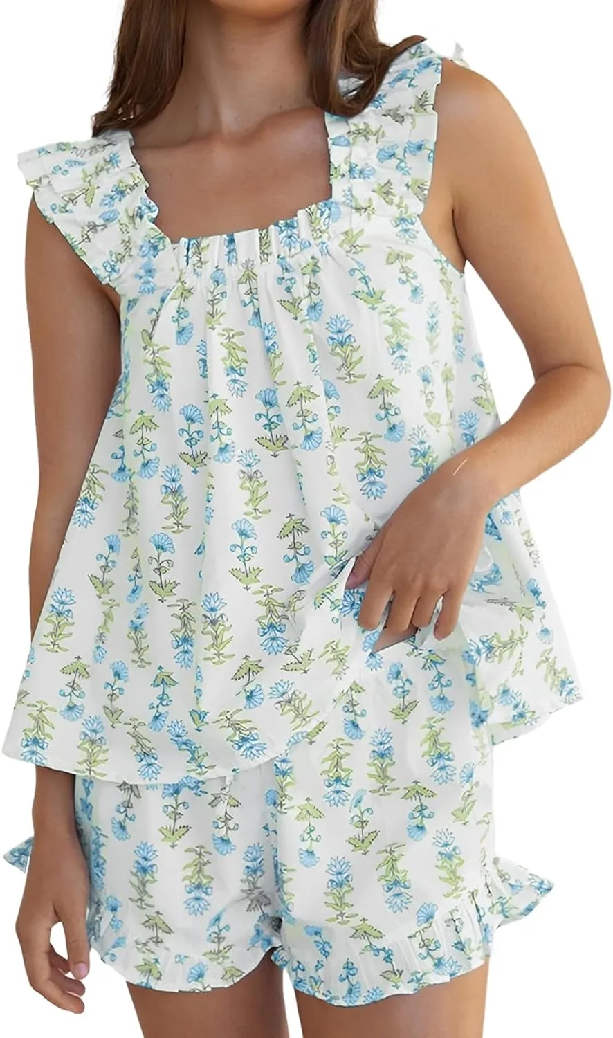 Arssm Womens Floral Pajama Set 2 Piece Loungewear Ruffle Hem Tank Top Vest Shorts Pjs Set Sleeveless Cami Loung Set