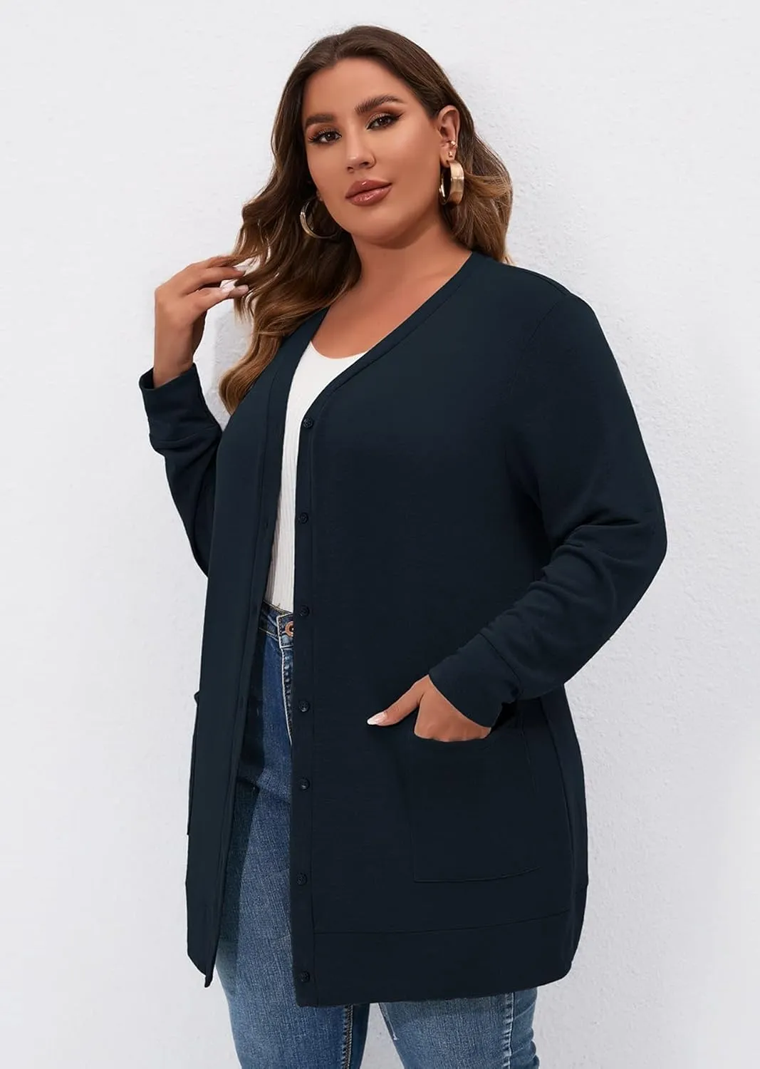 AusLook Plus Size Lightweight Cardigan For Women long Sleeve Coat Open Front Bolero Tops Button Down Soft Outwear 1X-5X