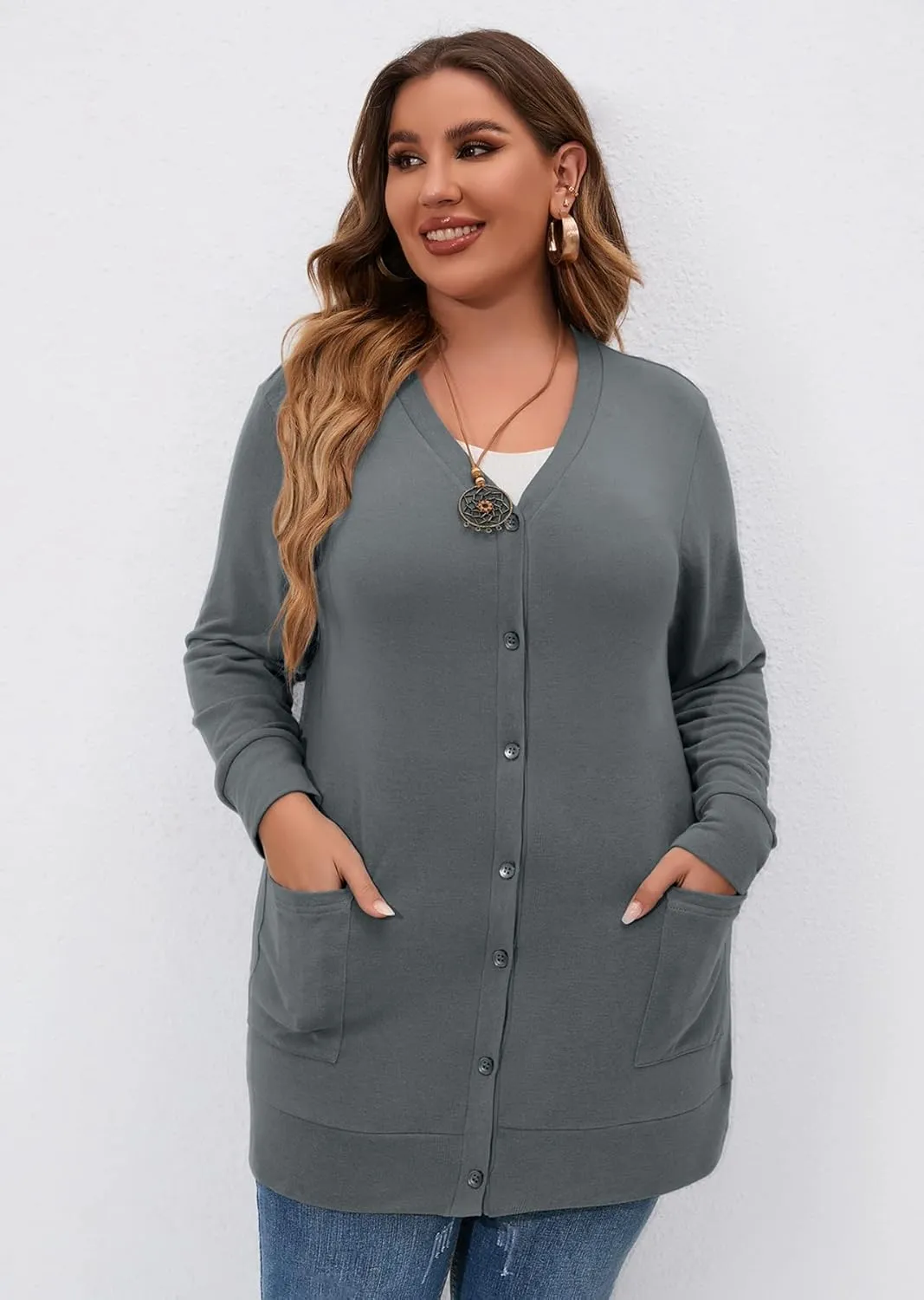 AusLook Plus Size Lightweight Cardigan For Women long Sleeve Coat Open Front Bolero Tops Button Down Soft Outwear 1X-5X
