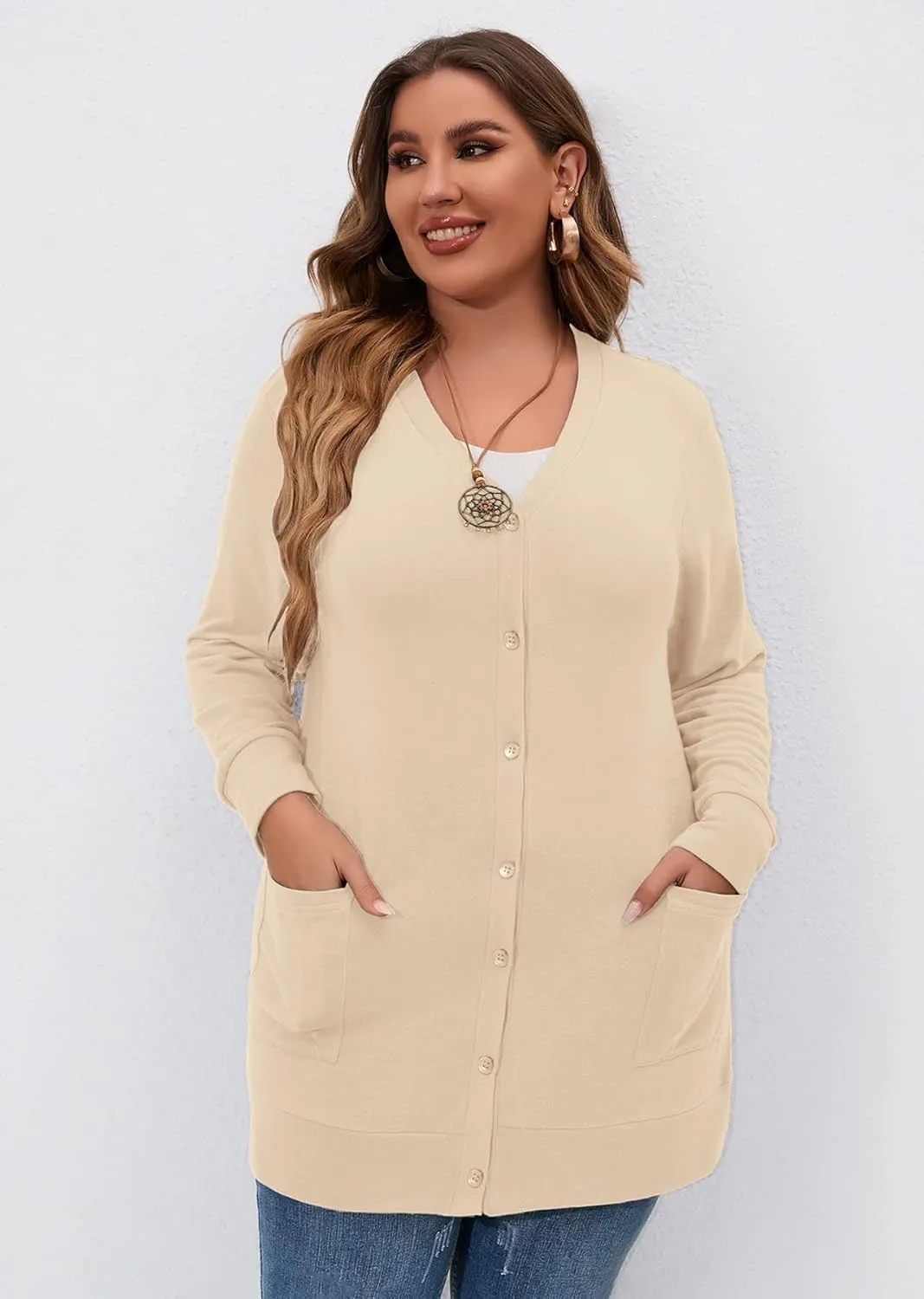 AusLook Plus Size Lightweight Cardigan For Women long Sleeve Coat Open Front Bolero Tops Button Down Soft Outwear 1X-5X