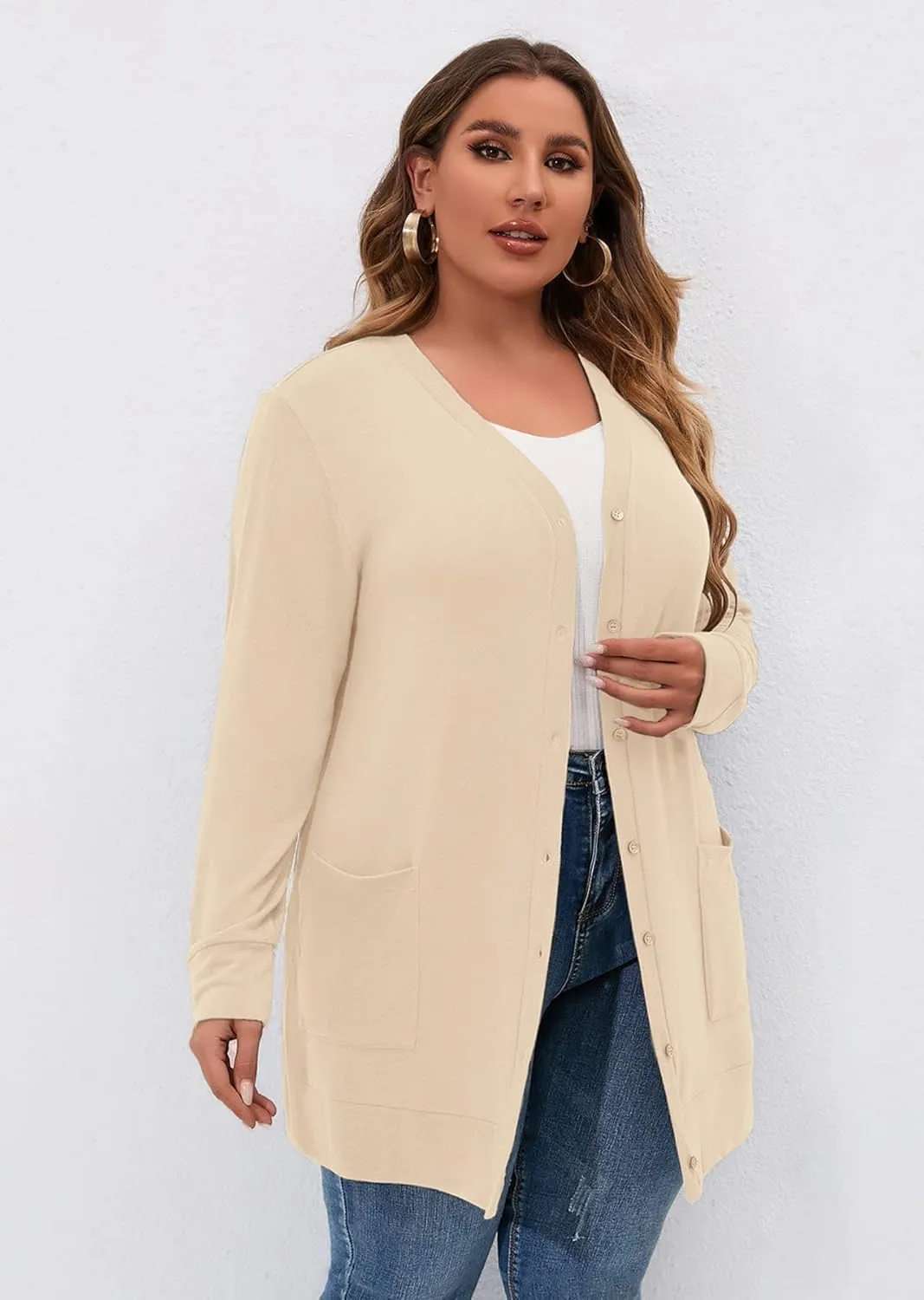 AusLook Plus Size Lightweight Cardigan For Women long Sleeve Coat Open Front Bolero Tops Button Down Soft Outwear 1X-5X